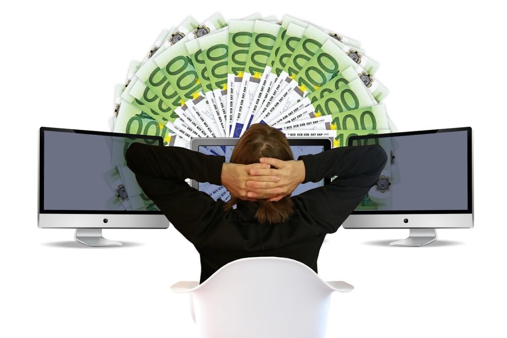woman, euro, earn money, online, earn, online banking, relaxed, the back, monitor, work, viewing, completion, done, earn money, earn money, earn money, earn money, earn money, earn