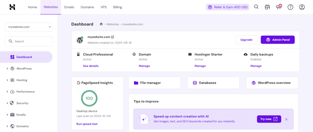 hpanel dashboard layout